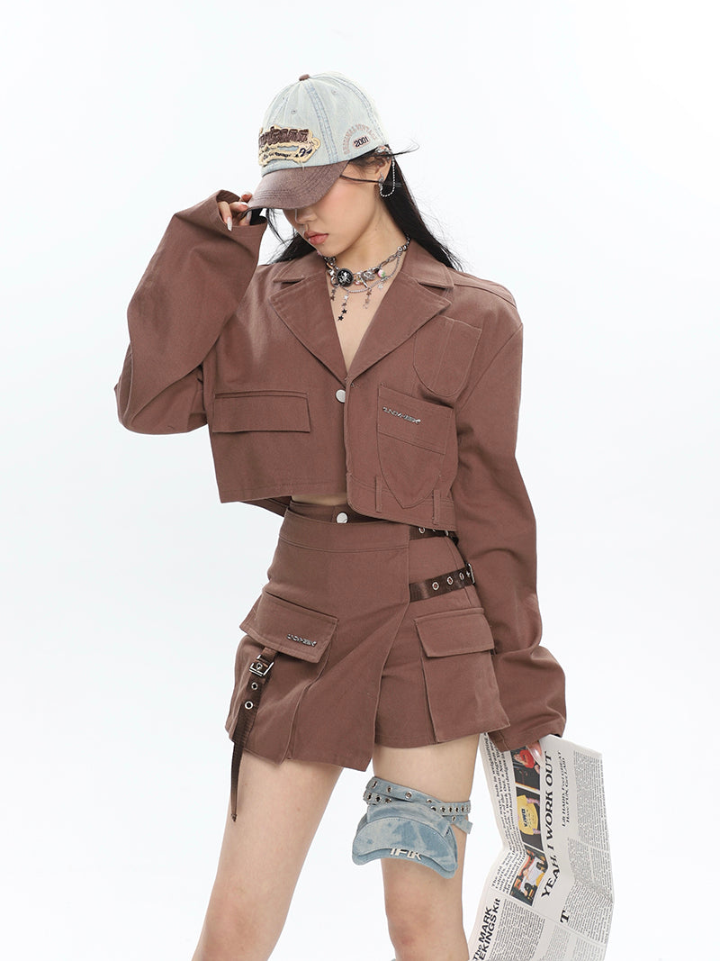 Yielle Solid Color Brown Design Multi-Pocket Slim Cargo Mini Skirt Cropped Jacket Matching Set