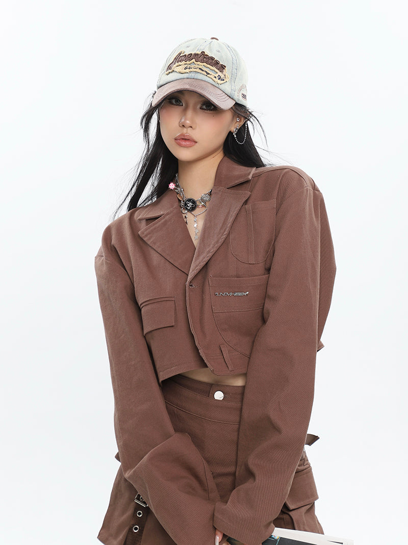 Yielle Solid Color Brown Design Multi-Pocket Slim Cargo Mini Skirt Cropped Jacket Matching Set