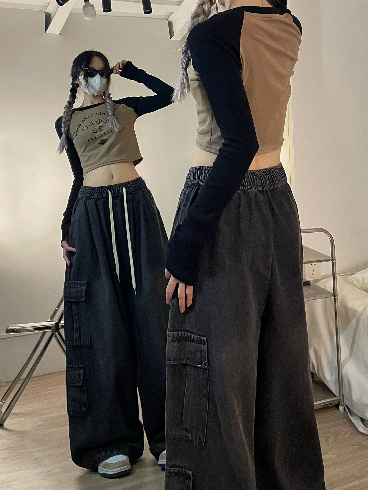 Dian Solid Color Retro Streetwear Straight Wide Leg Multi-Pocket High Waist Cargo Pants