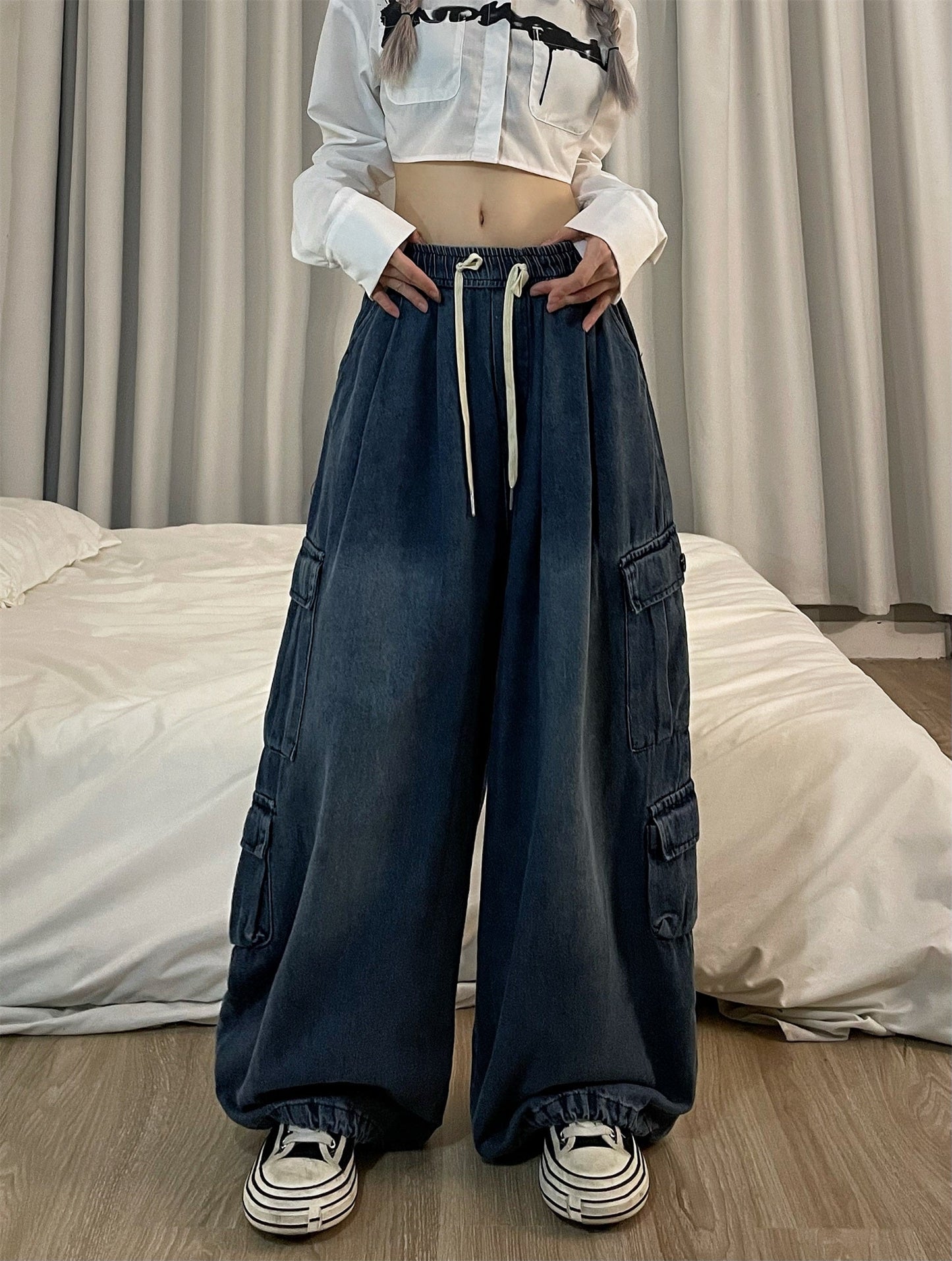 Dian Solid Color Retro Streetwear Straight Wide Leg Multi-Pocket High Waist Cargo Pants