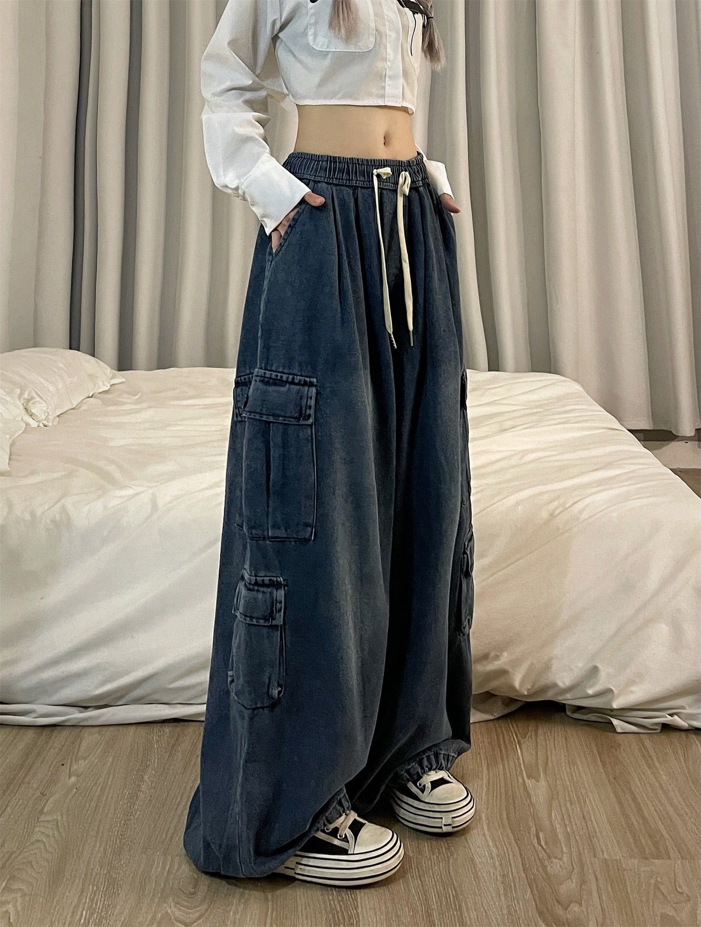 Dian Solid Color Retro Streetwear Straight Wide Leg Multi-Pocket High Waist Cargo Pants