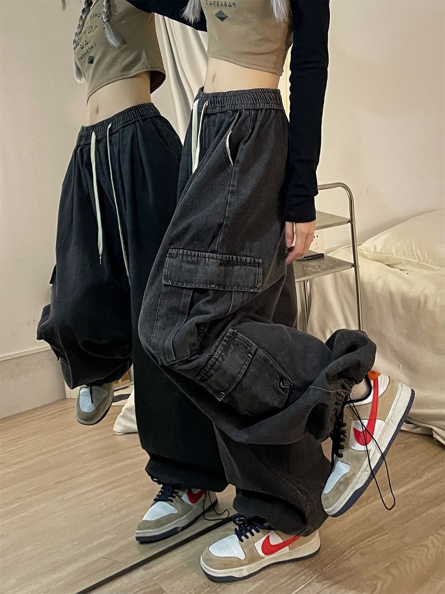 Dian Solid Color Retro Streetwear Straight Wide Leg Multi-Pocket High Waist Cargo Pants