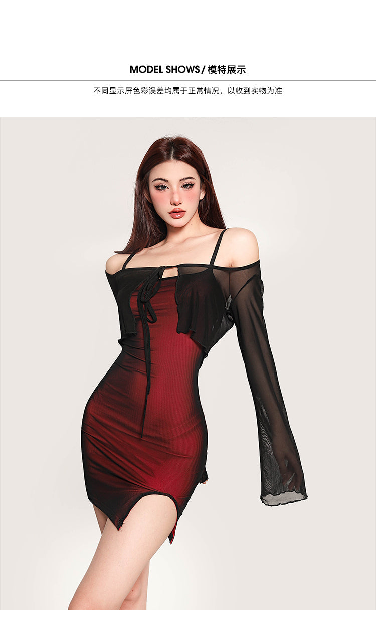 Zhou Black Red Slim Spaghetti Strap Side Slit Mini Dress + Black Long Sleeve Mesh See Through Cardigan Set