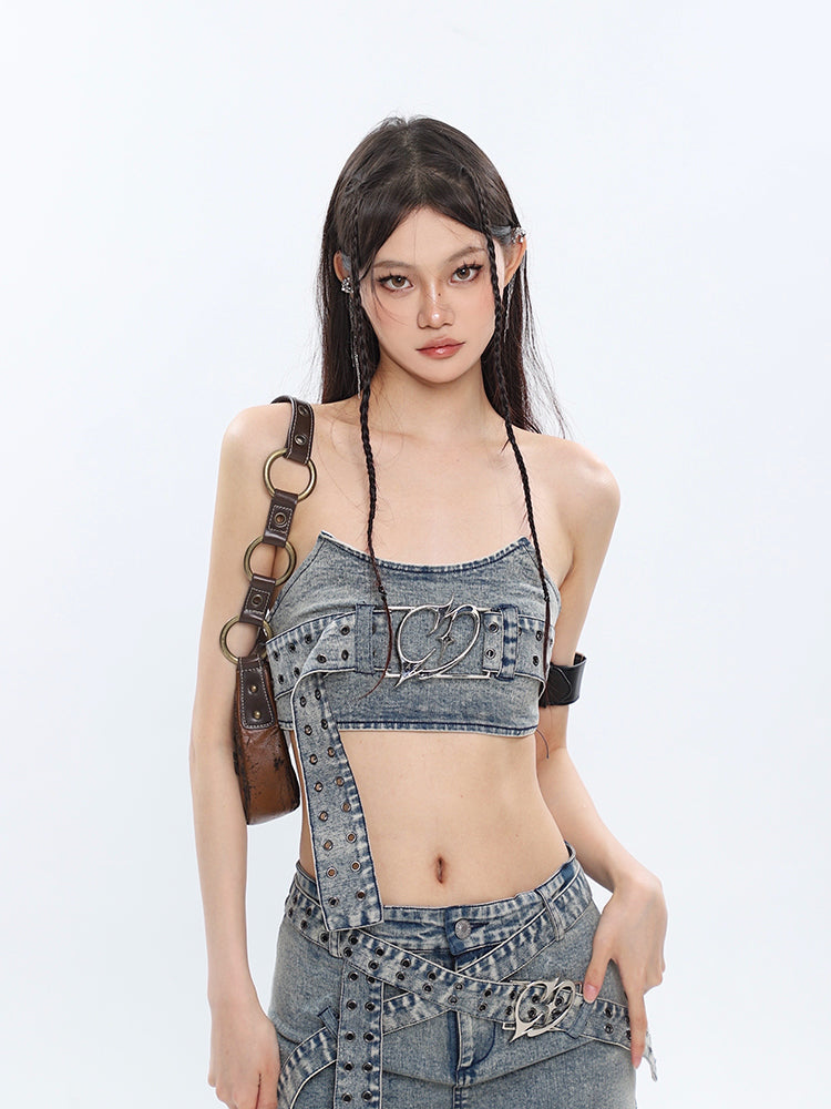 Chrome Denim Heart Belt Bandeau Top + Denim Belt Wrap Mini Skirt + Denim Micro Flare Jeans Pants Matching Set