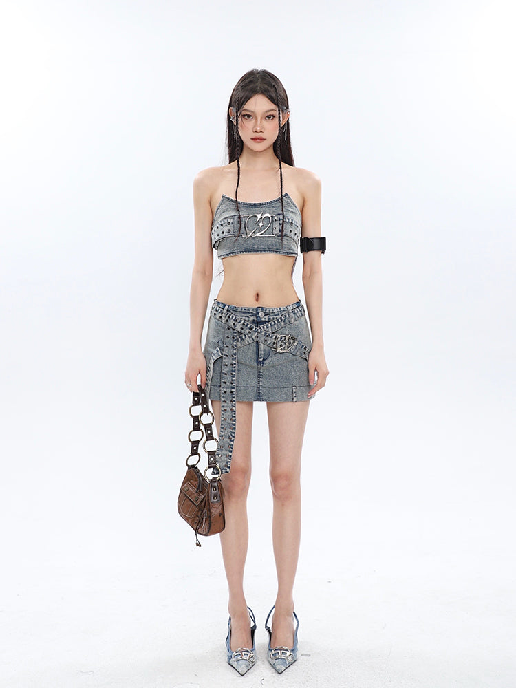 Chrome Denim Heart Belt Bandeau Top + Denim Belt Wrap Mini Skirt + Denim Micro Flare Jeans Pants Matching Set