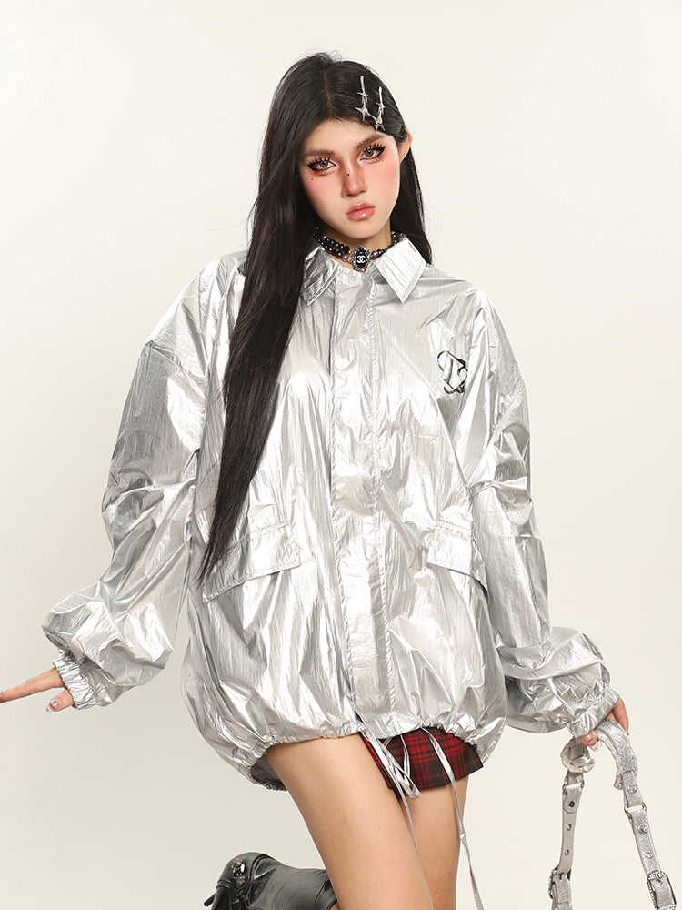 Nania Metallic Silver Long Sleeve Zip Up Multi-Pocket Baggy Sweatshirt Jacket