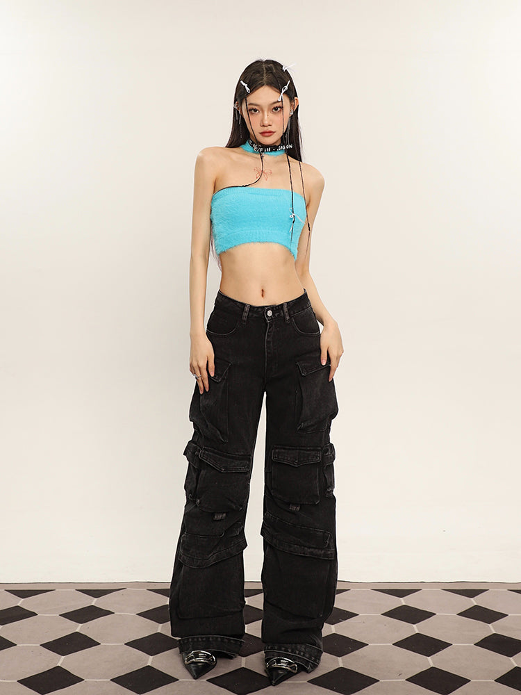 Zia Solid Color Denim High Waist Straight Leg Multi-Pocket Cargo Jeans Pants