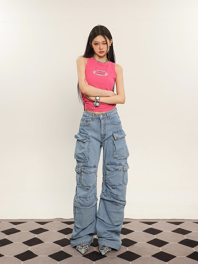 Zia Solid Color Denim High Waist Straight Leg Multi-Pocket Cargo Jeans Pants