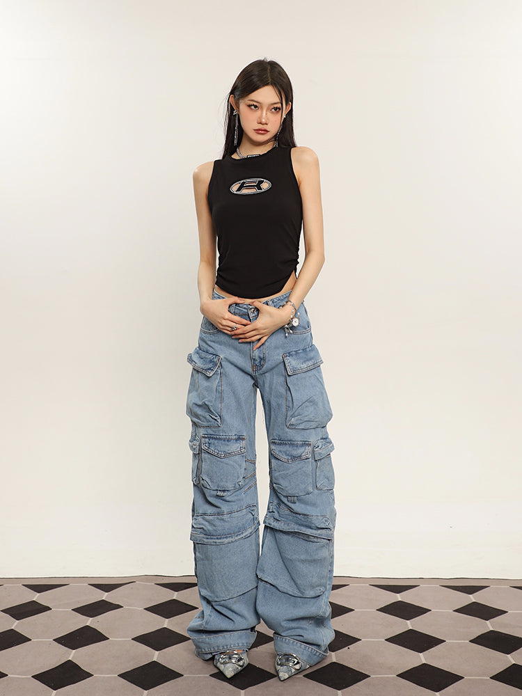 Zia Solid Color Denim High Waist Straight Leg Multi-Pocket Cargo Jeans Pants