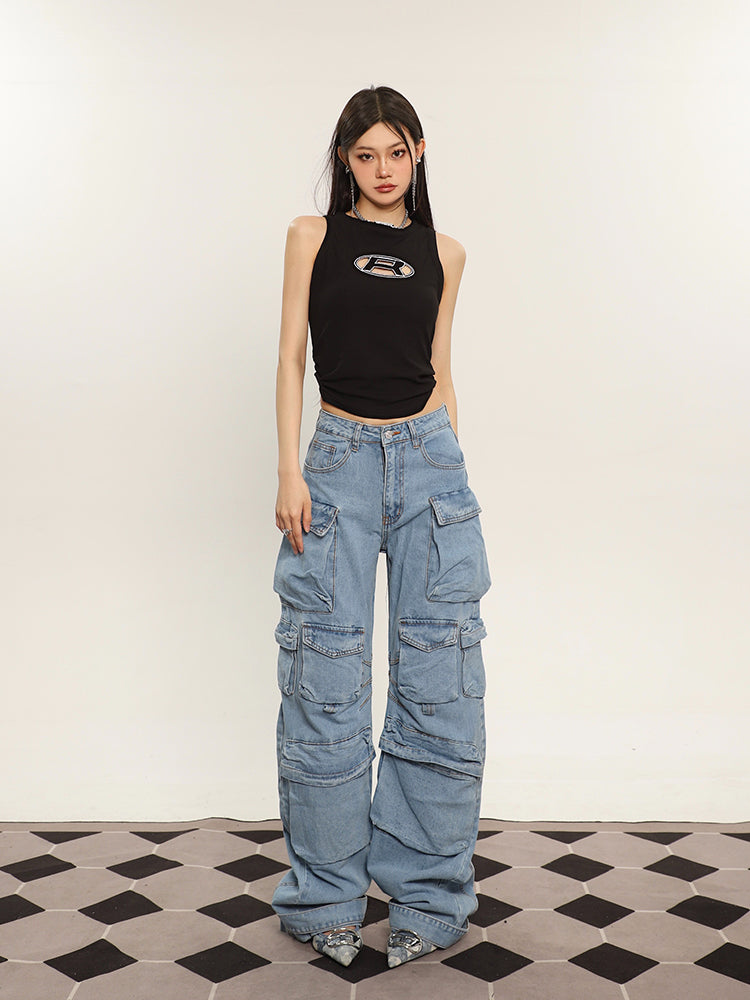 Zia Solid Color Denim High Waist Straight Leg Multi-Pocket Cargo Jeans Pants