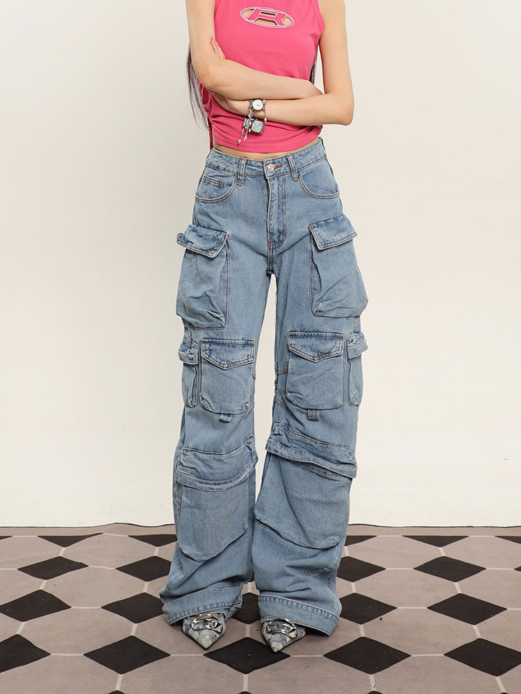 Zia Solid Color Denim High Waist Straight Leg Multi-Pocket Cargo Jeans Pants