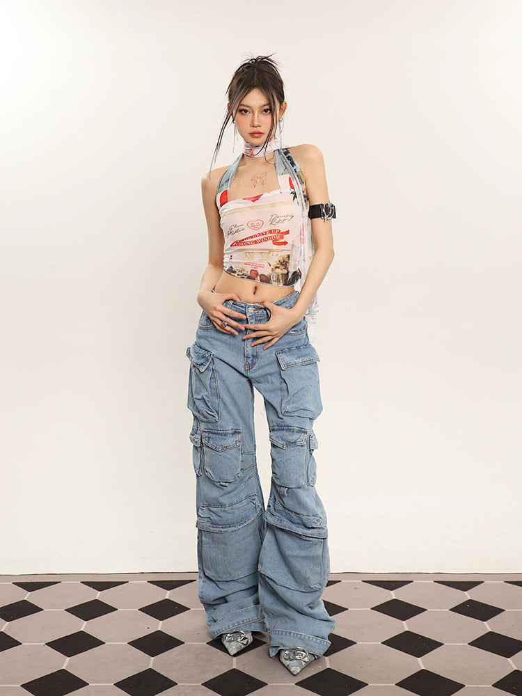 Zia Solid Color Denim High Waist Straight Leg Multi-Pocket Cargo Jeans Pants