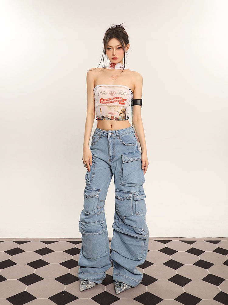 Zia Solid Color Denim High Waist Straight Leg Multi-Pocket Cargo Jeans Pants