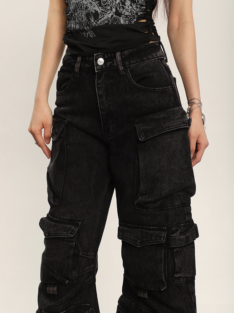 Zia Solid Color Denim High Waist Straight Leg Multi-Pocket Cargo Jeans Pants