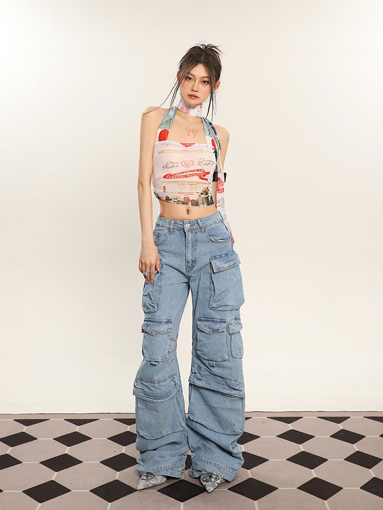 Zia Solid Color Denim High Waist Straight Leg Multi-Pocket Cargo Jeans Pants