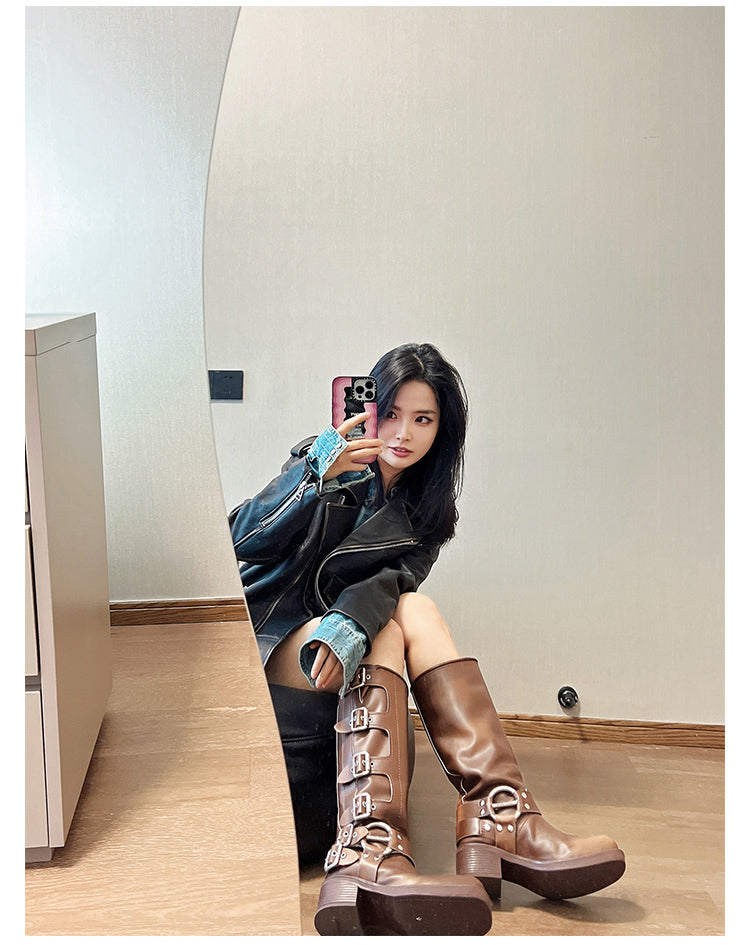 Captain Cally-100 Multi Buckle Strap Knee-High Boots