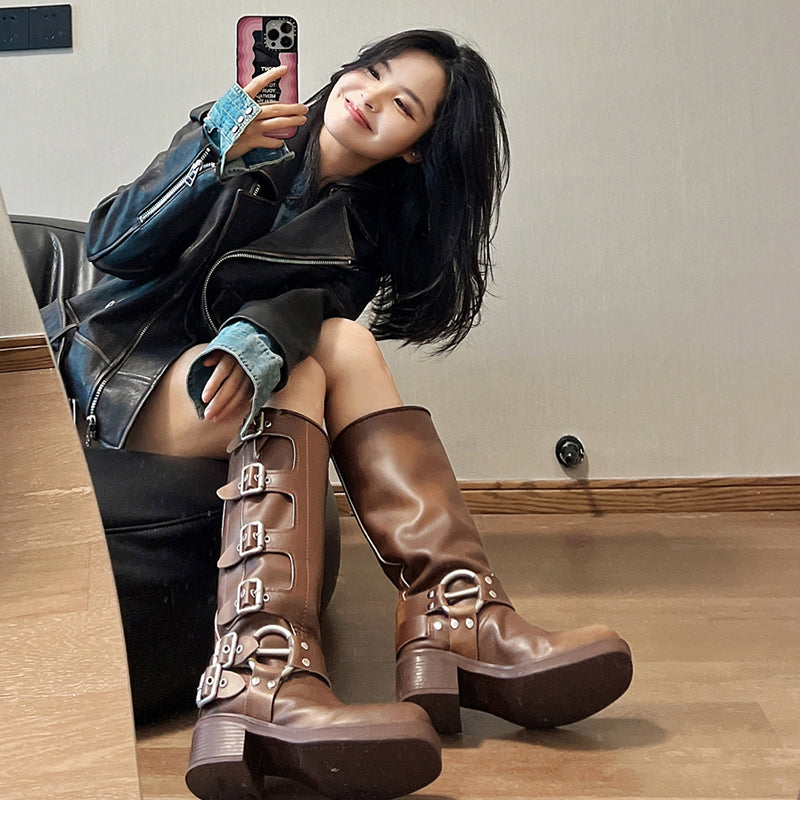 Captain Cally-100 Multi Buckle Strap Knee-High Boots