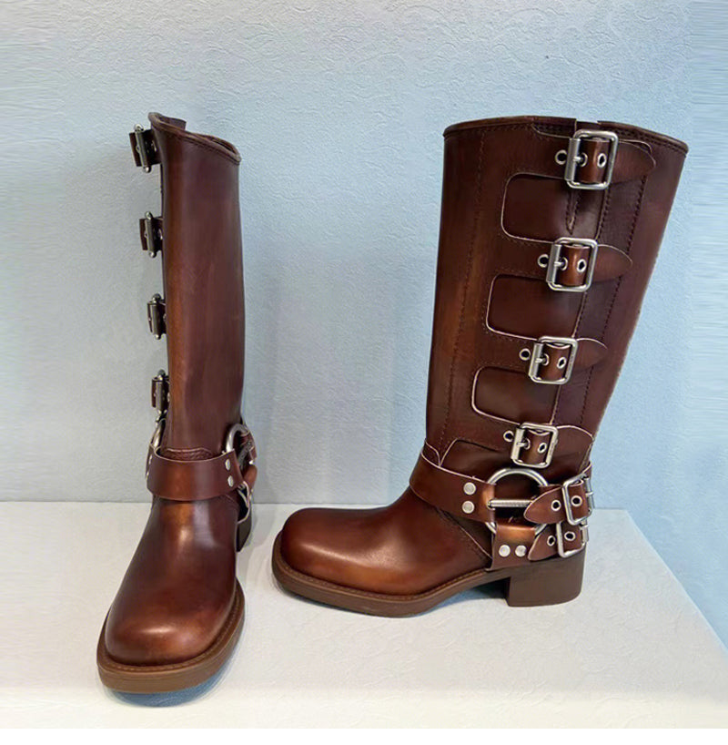 Captain Cally-100 Multi Buckle Strap Knee-High Boots