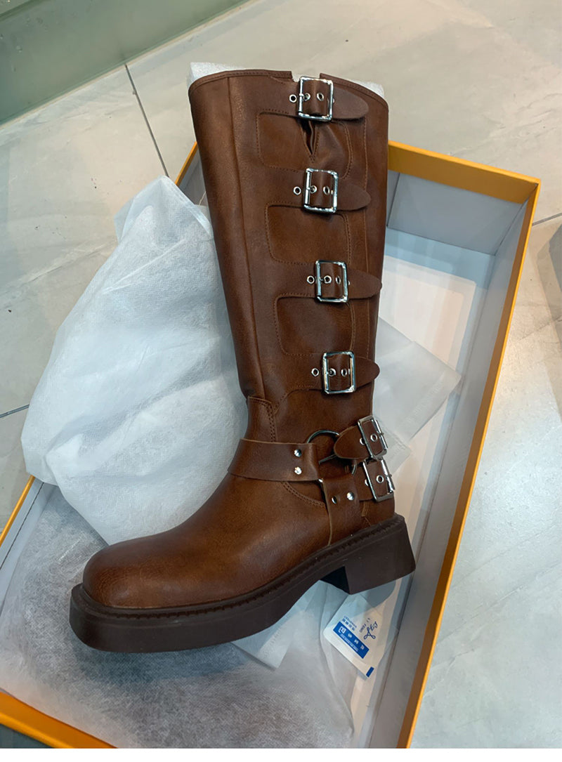 Captain Cally-100 Multi Buckle Strap Knee-High Boots