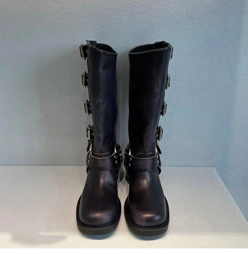 Captain Cally-100 Multi Buckle Strap Knee-High Boots