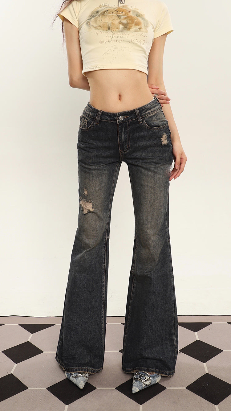 Deena Denim Blue Washed Low Waist Micro Flare Jeans Pants