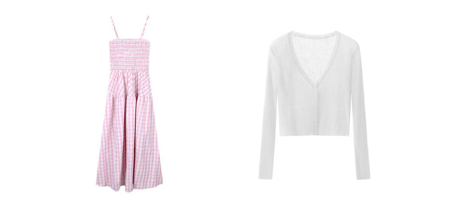 Nala Plus Size Picnic Plaid Pink Spaghetti Strap Long Dress + Solid Color White Long Sleeve Mesh Cardigan Matching Set