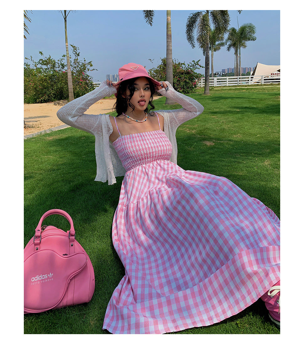 Nala Plus Size Picnic Plaid Pink Spaghetti Strap Long Dress + Solid Color White Long Sleeve Mesh Cardigan Matching Set