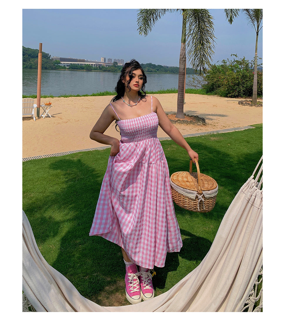 Nala Plus Size Picnic Plaid Pink Spaghetti Strap Long Dress + Solid Color White Long Sleeve Mesh Cardigan Matching Set