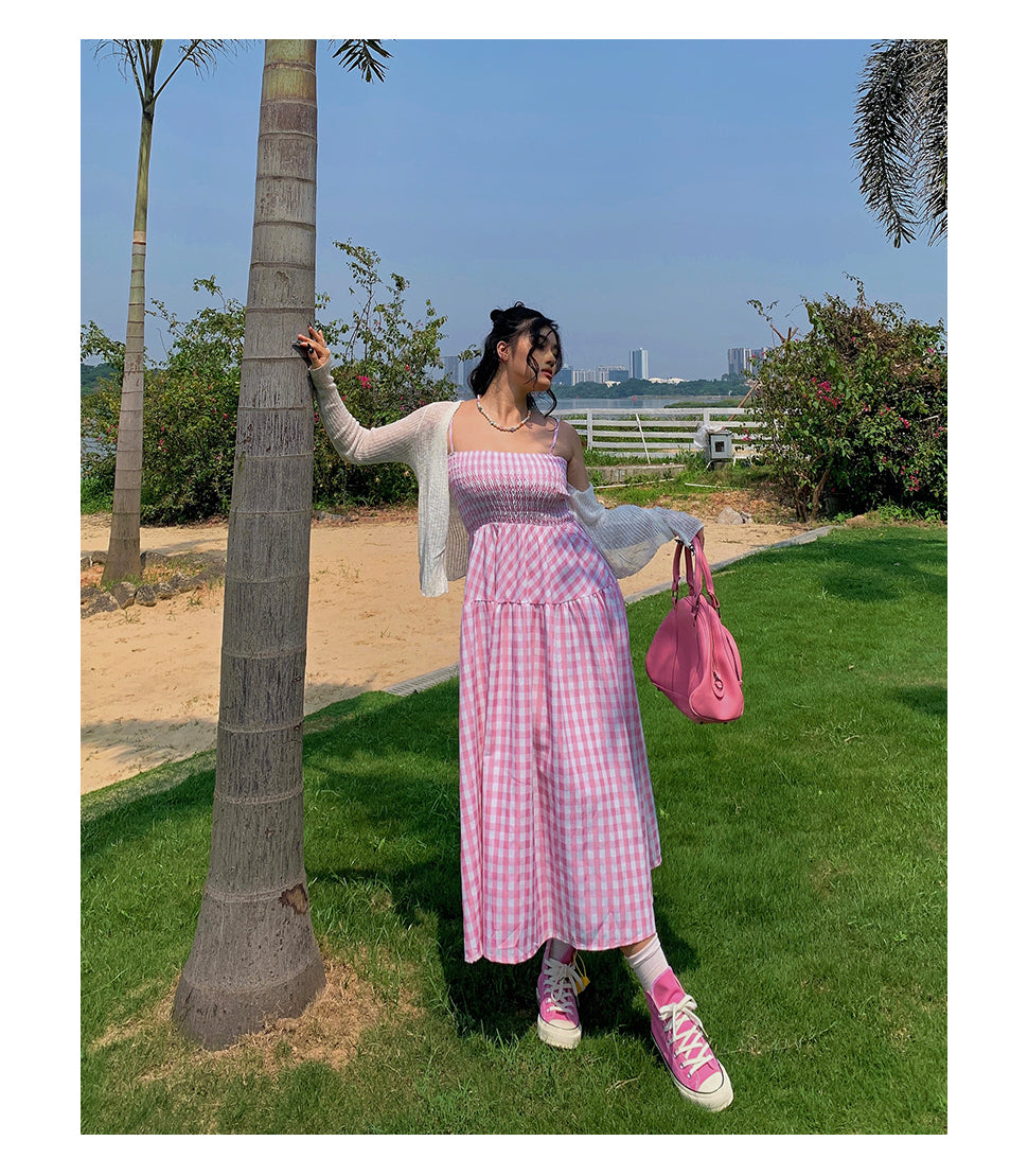 Nala Plus Size Picnic Plaid Pink Spaghetti Strap Long Dress + Solid Color White Long Sleeve Mesh Cardigan Matching Set