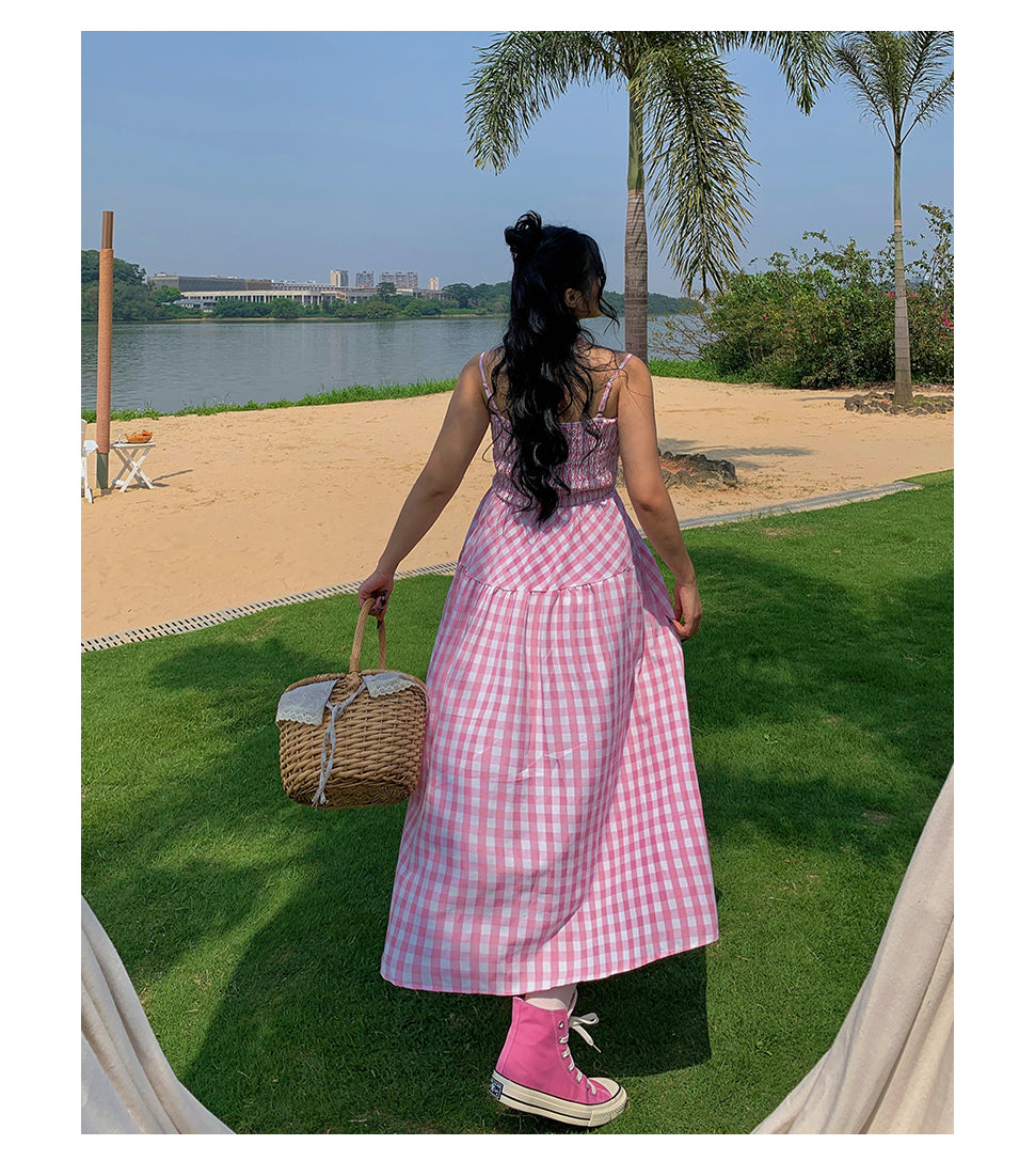 Nala Plus Size Picnic Plaid Pink Spaghetti Strap Long Dress + Solid Color White Long Sleeve Mesh Cardigan Matching Set