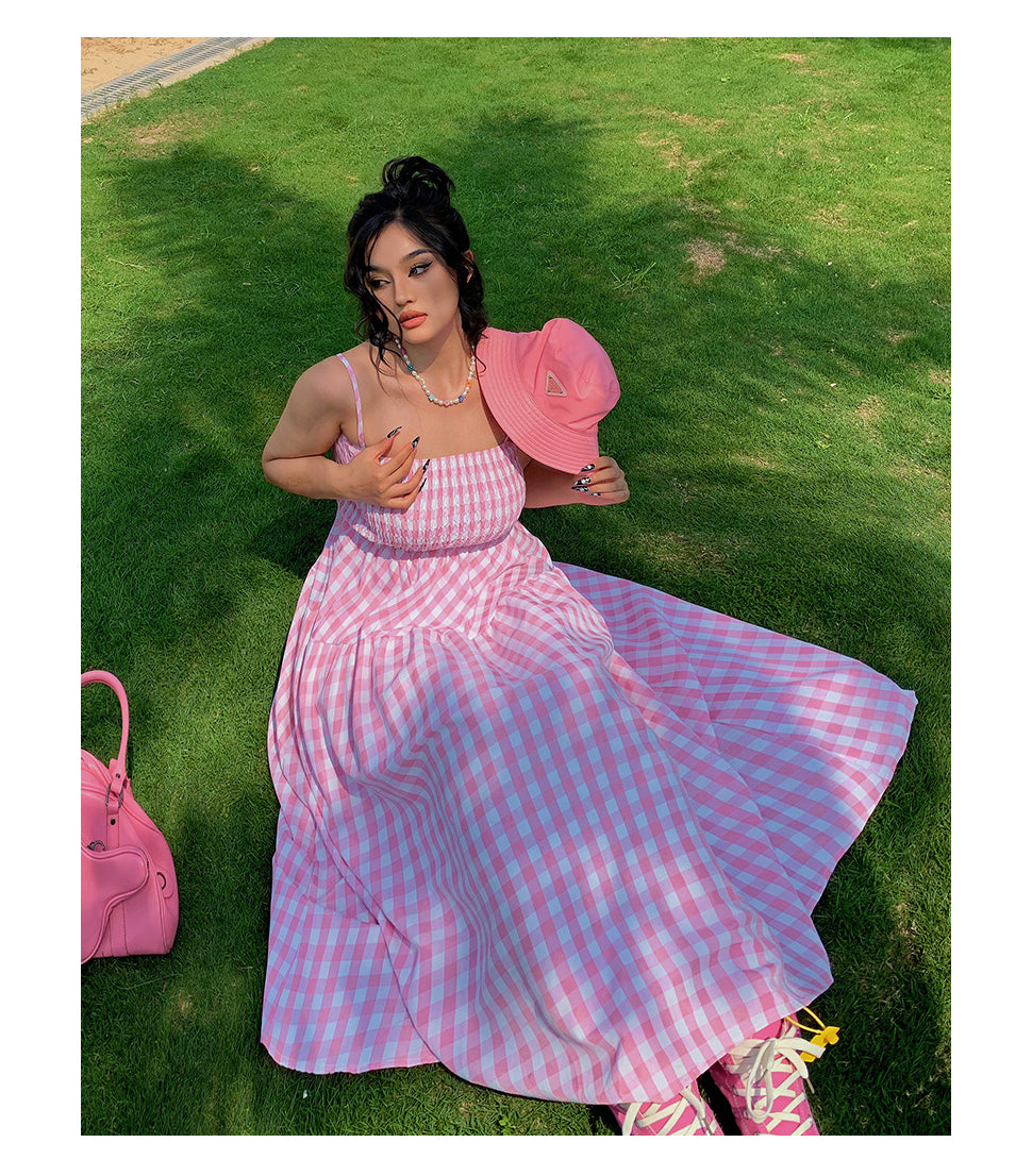 Nala Plus Size Picnic Plaid Pink Spaghetti Strap Long Dress + Solid Color White Long Sleeve Mesh Cardigan Matching Set