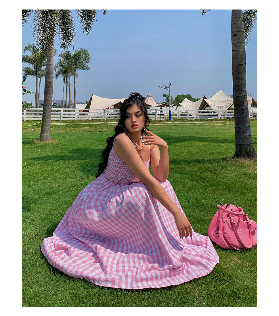 Nala Plus Size Picnic Plaid Pink Spaghetti Strap Long Dress + Solid Color White Long Sleeve Mesh Cardigan Matching Set