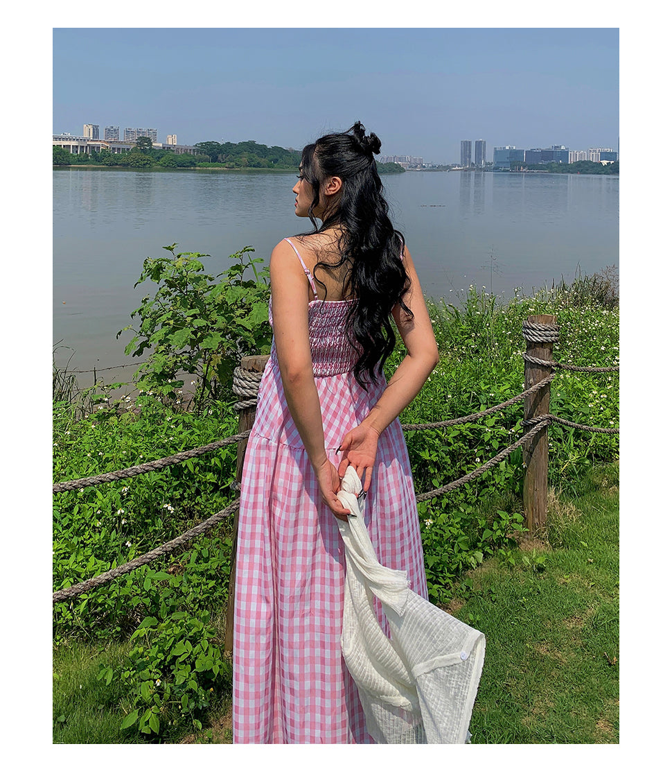 Nala Plus Size Picnic Plaid Pink Spaghetti Strap Long Dress + Solid Color White Long Sleeve Mesh Cardigan Matching Set