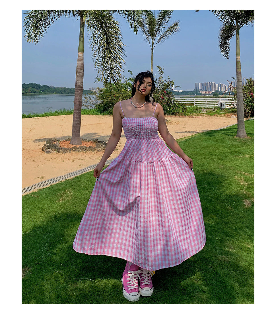 Nala Plus Size Picnic Plaid Pink Spaghetti Strap Long Dress + Solid Color White Long Sleeve Mesh Cardigan Matching Set