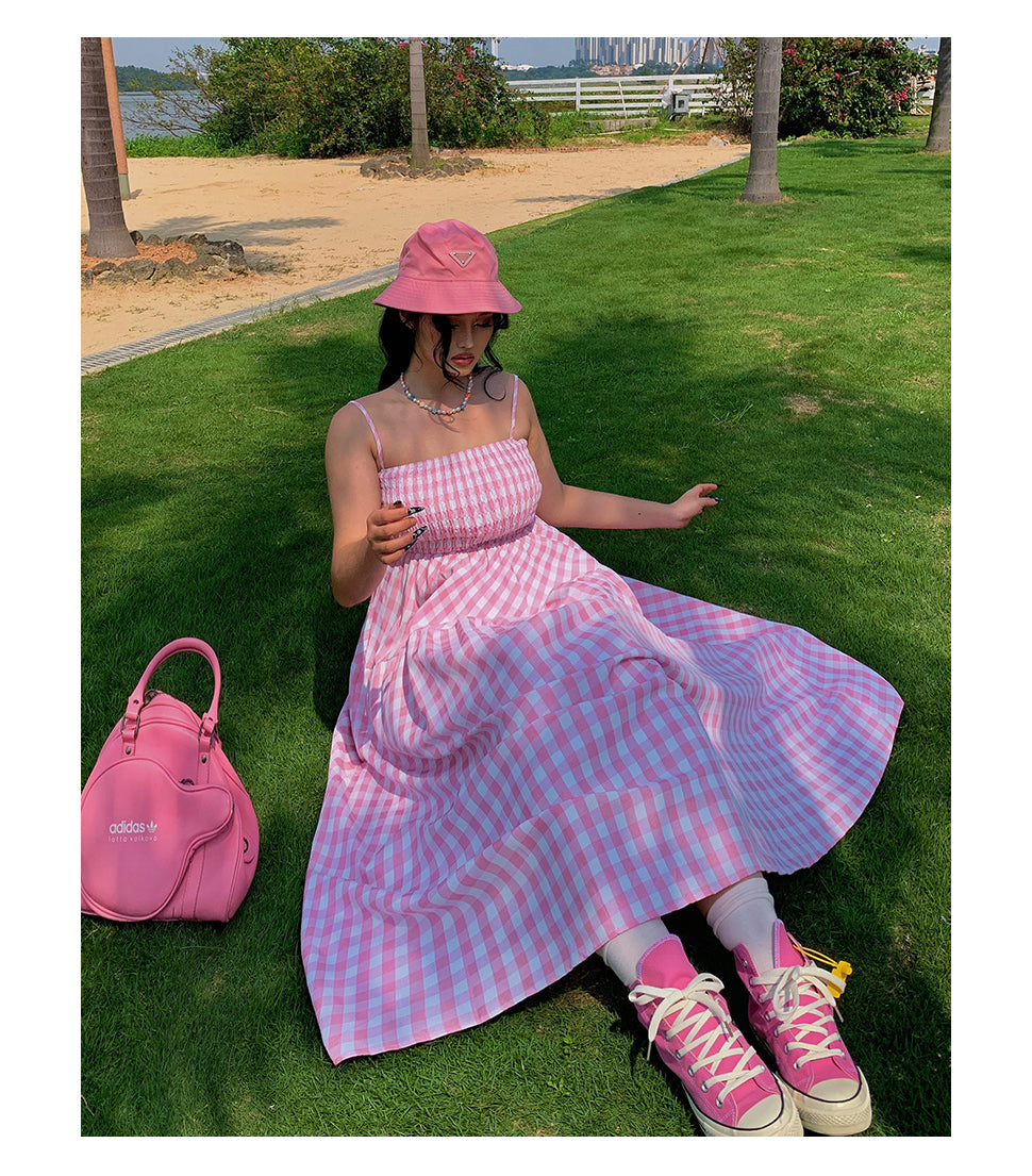 Nala Plus Size Picnic Plaid Pink Spaghetti Strap Long Dress + Solid Color White Long Sleeve Mesh Cardigan Matching Set