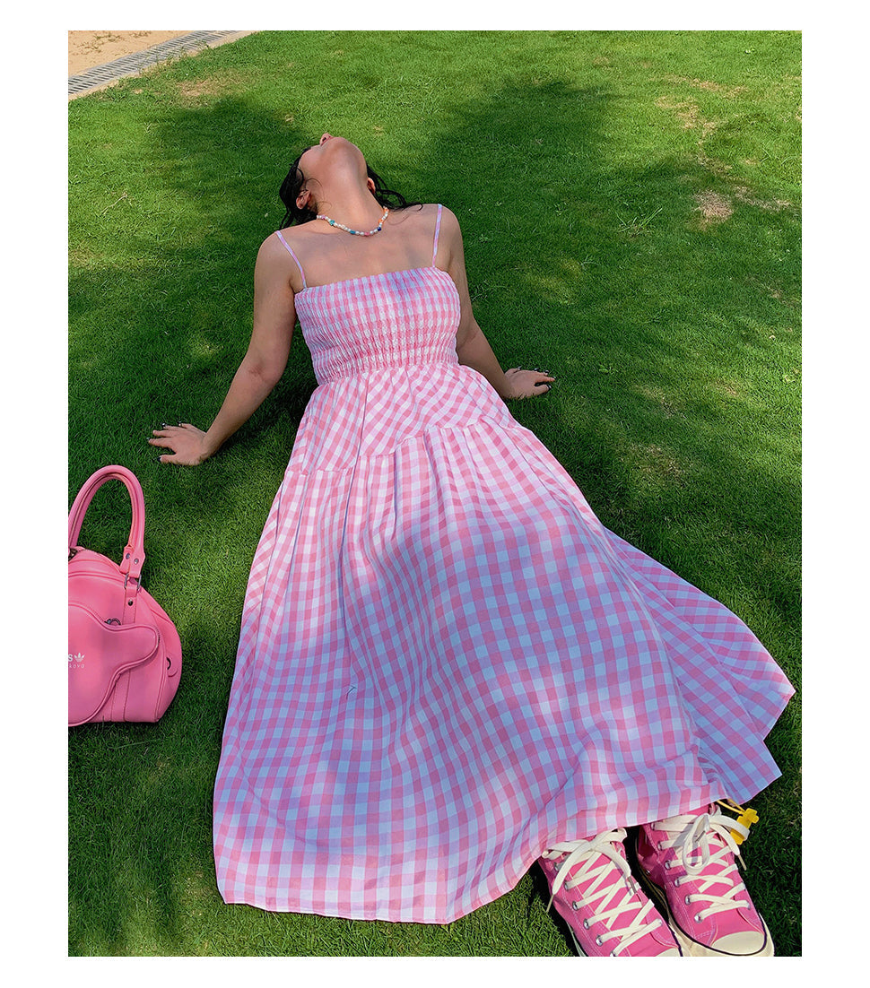 Nala Plus Size Picnic Plaid Pink Spaghetti Strap Long Dress + Solid Color White Long Sleeve Mesh Cardigan Matching Set