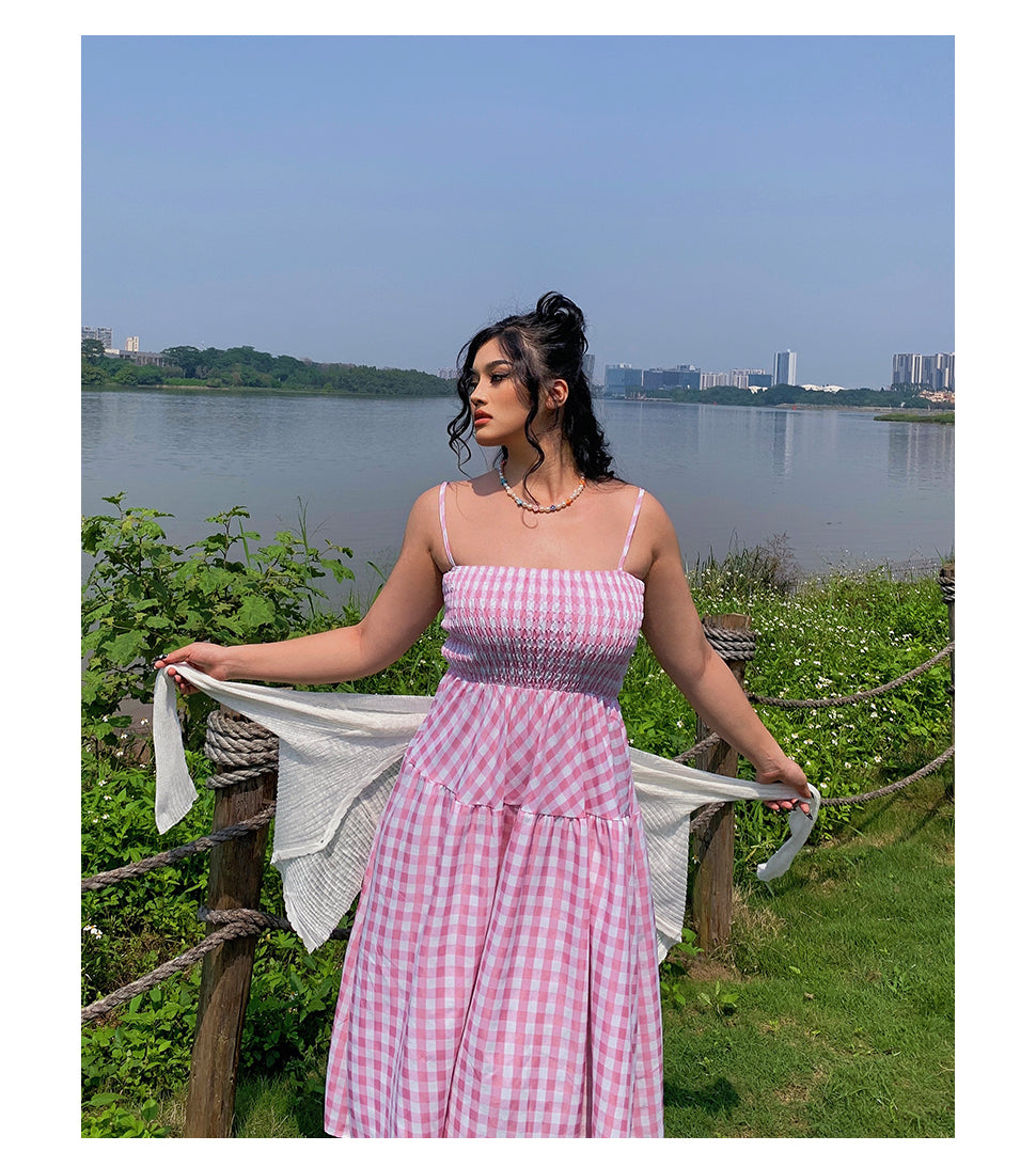 Nala Plus Size Picnic Plaid Pink Spaghetti Strap Long Dress + Solid Color White Long Sleeve Mesh Cardigan Matching Set