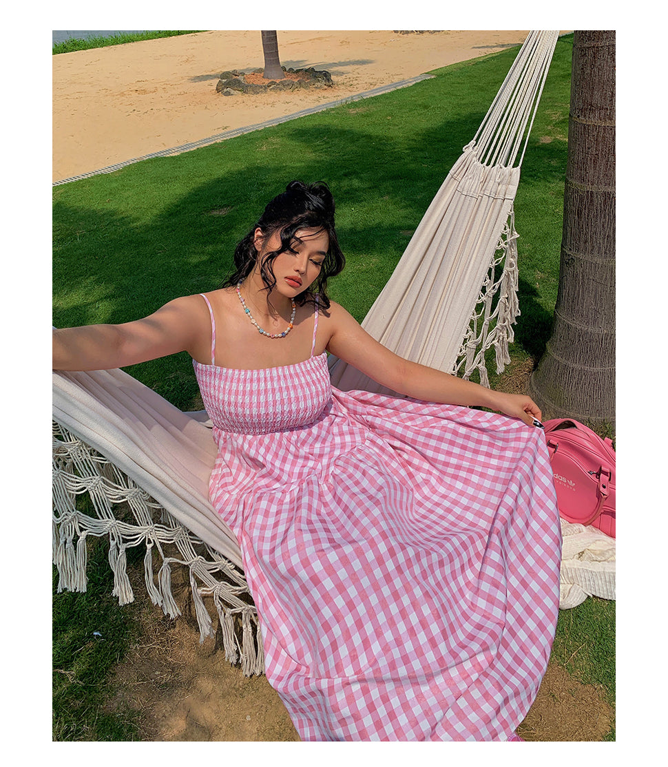 Nala Plus Size Picnic Plaid Pink Spaghetti Strap Long Dress + Solid Color White Long Sleeve Mesh Cardigan Matching Set