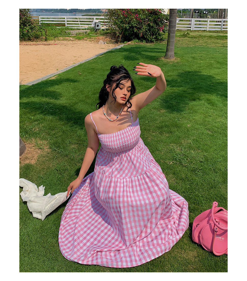 Nala Plus Size Picnic Plaid Pink Spaghetti Strap Long Dress + Solid Color White Long Sleeve Mesh Cardigan Matching Set