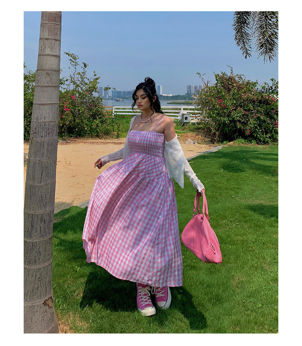 Nala Plus Size Picnic Plaid Pink Spaghetti Strap Long Dress + Solid Color White Long Sleeve Mesh Cardigan Matching Set