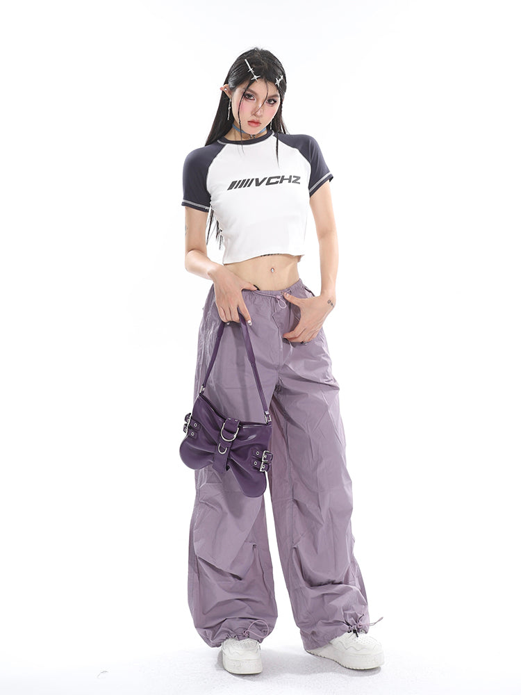 Sofia Solid Color High Waist Straight Leg Drawstring Baggy Loose Parachute Cargo Pants