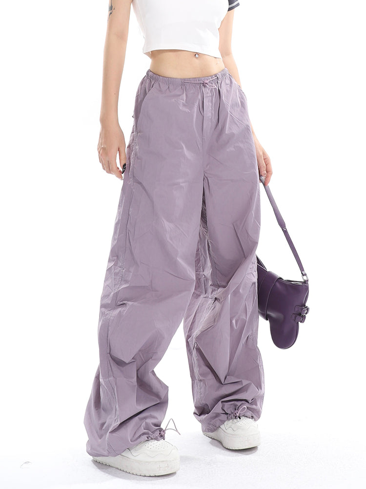 Sofia Solid Color High Waist Straight Leg Drawstring Baggy Loose Parachute Cargo Pants