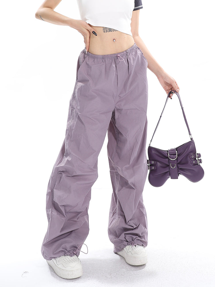 Sofia Solid Color High Waist Straight Leg Drawstring Baggy Loose Parachute Cargo Pants