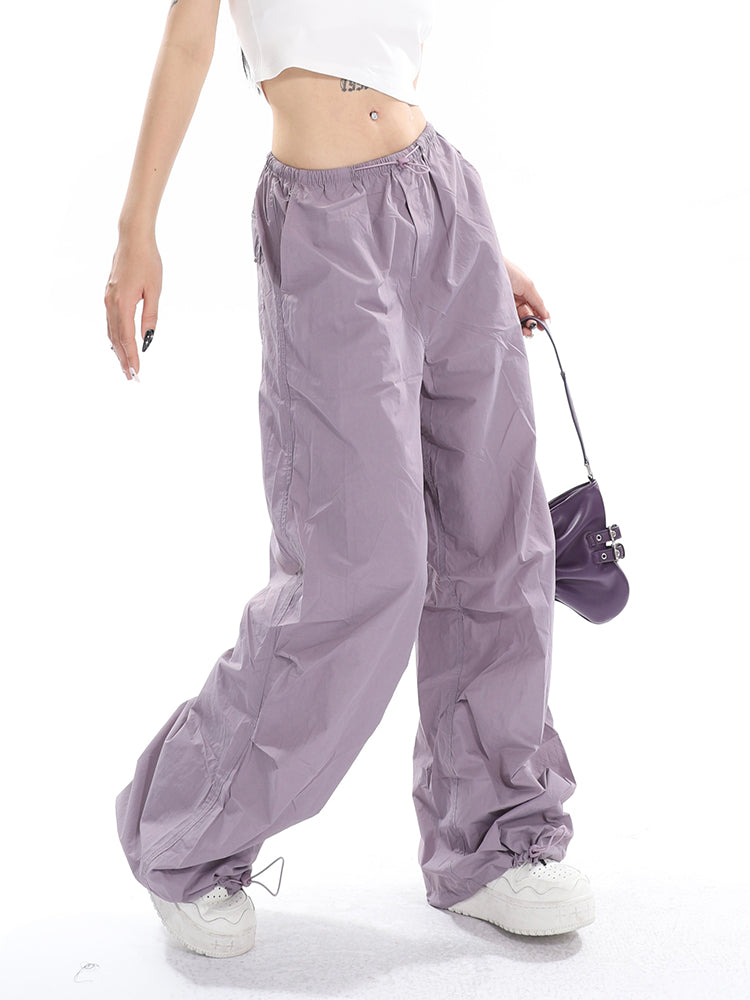 Sofia Solid Color High Waist Straight Leg Drawstring Baggy Loose Parachute Cargo Pants