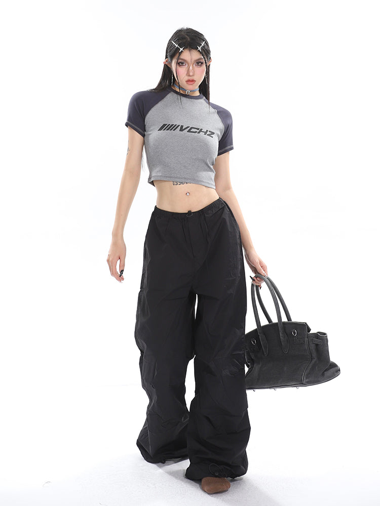 Sofia Solid Color High Waist Straight Leg Drawstring Baggy Loose Parachute Cargo Pants