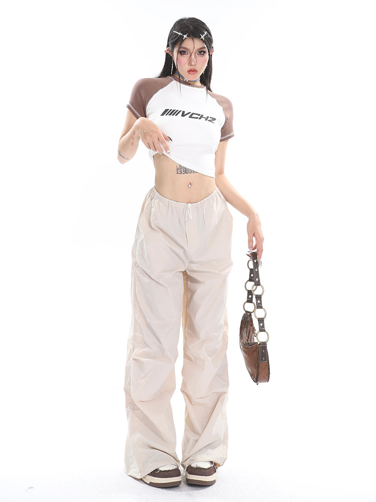 Sofia Solid Color High Waist Straight Leg Drawstring Baggy Loose Parachute Cargo Pants