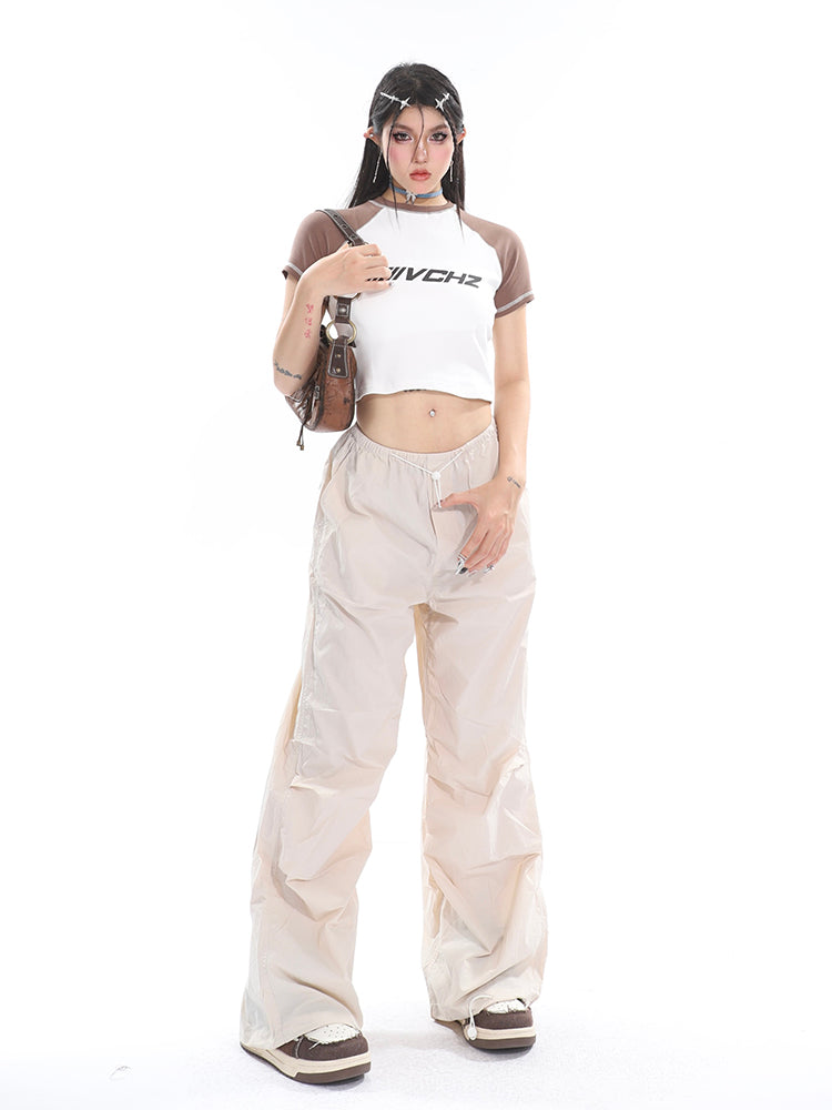 Sofia Solid Color High Waist Straight Leg Drawstring Baggy Loose Parachute Cargo Pants