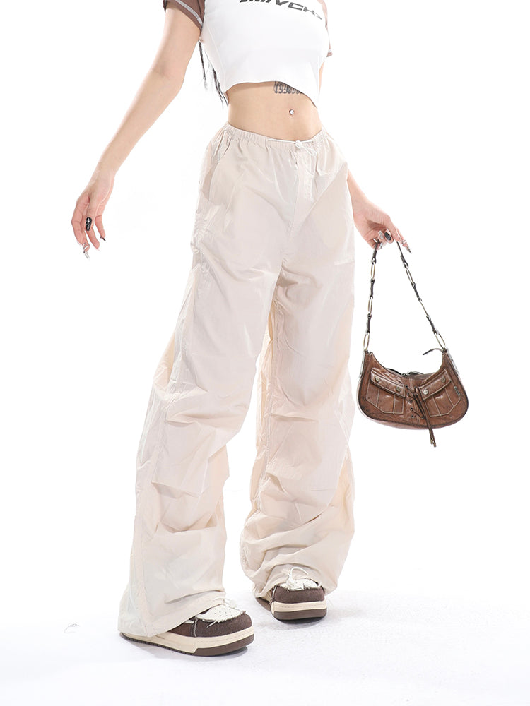 Sofia Solid Color High Waist Straight Leg Drawstring Baggy Loose Parachute Cargo Pants