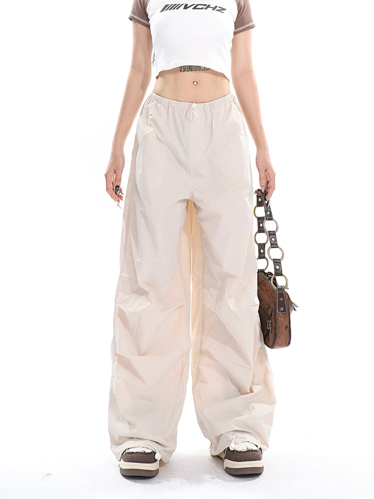 Sofia Solid Color High Waist Straight Leg Drawstring Baggy Loose Parachute Cargo Pants