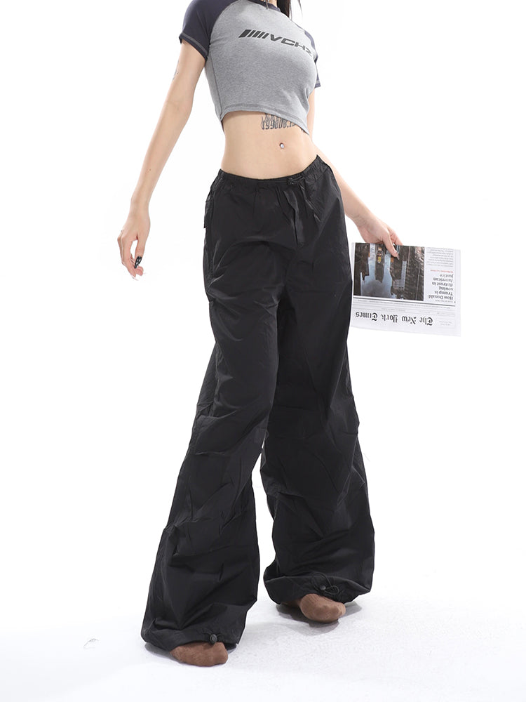 Sofia Solid Color High Waist Straight Leg Drawstring Baggy Loose Parachute Cargo Pants